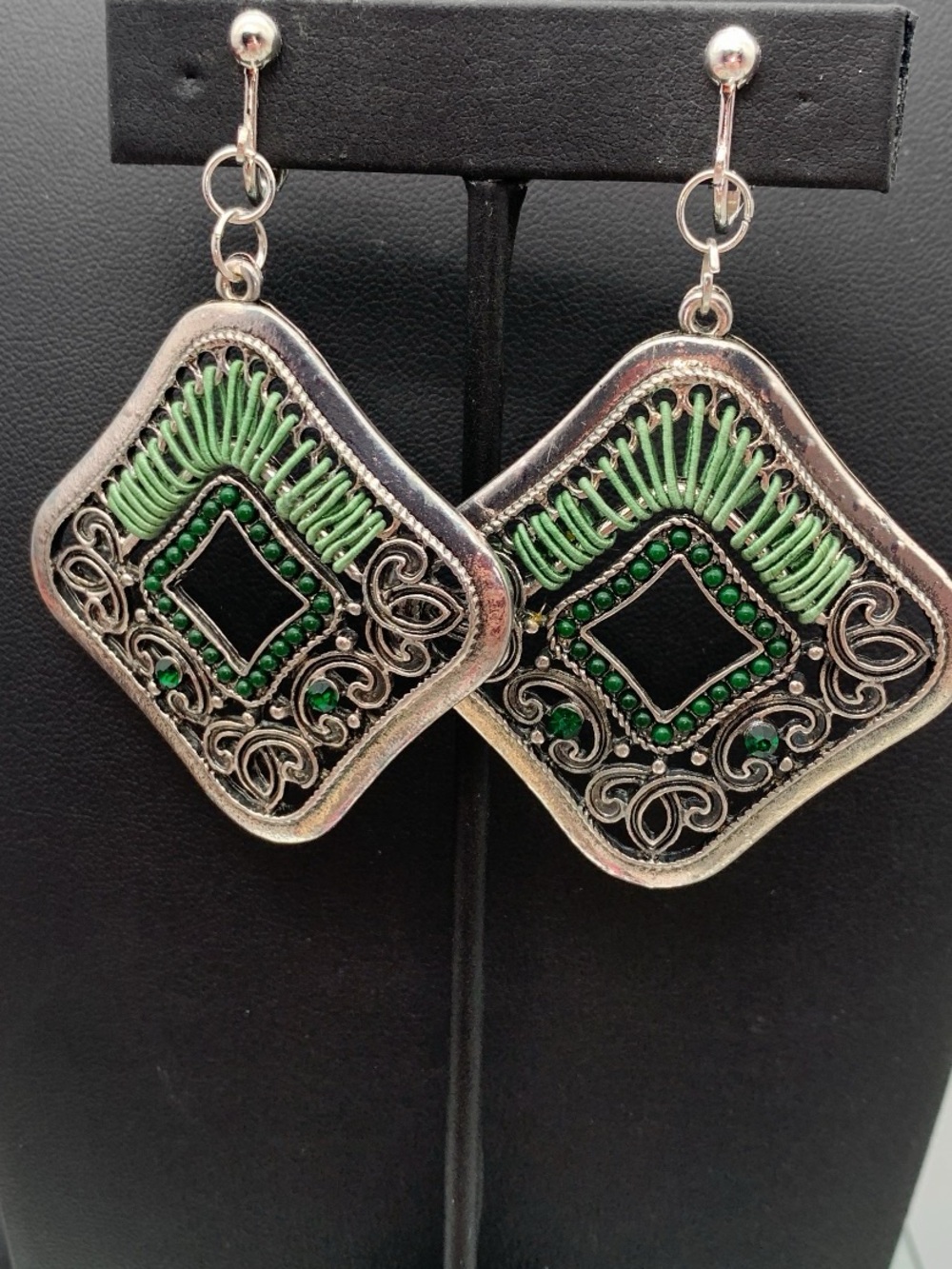 Silver-Tone and Green Filigree Drop clip on Earrings